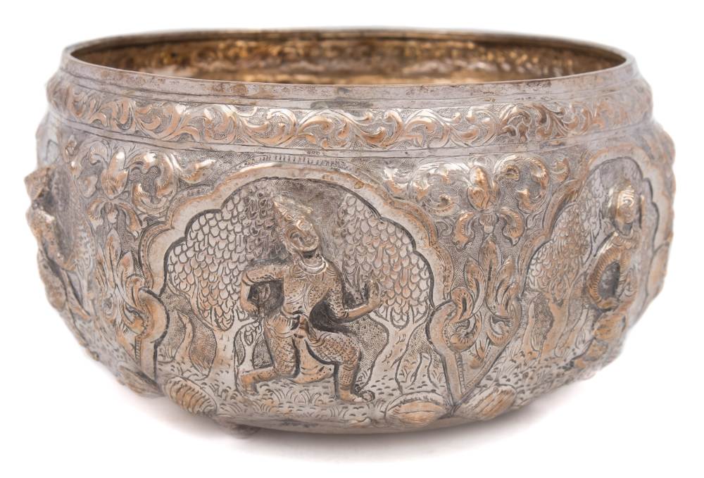 A Burmese silver bowl: of circular outline,