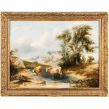 Circle of Henry John Boddington [19th Century]- A rural scene, cattle watering in the foreground,