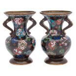 A pair of Japanese cloisonne vases: of ovoid waisted form,