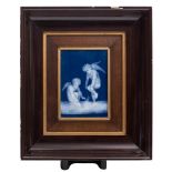 A Limoges pâte-sur-pâte rectangular plaque by Barriere: in carved white slip on a deep blue ground,