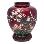 A Japanese silver and cloisonne vase: of ovoid outline,