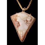 A triangular shell cameo portrait pendant: suspended from a rope-twist chain necklace with applied