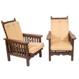 An Arts and Crafts oak three piece suite: comprising a twin seat settee and a pair of armchairs,