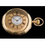 A gentleman's 18ct gold half-hunter pocket watch: the circular white enamel dial 40mm diameter,