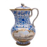 A Meissen topographical coffee pot and cover: with bud knop and double scroll handle,