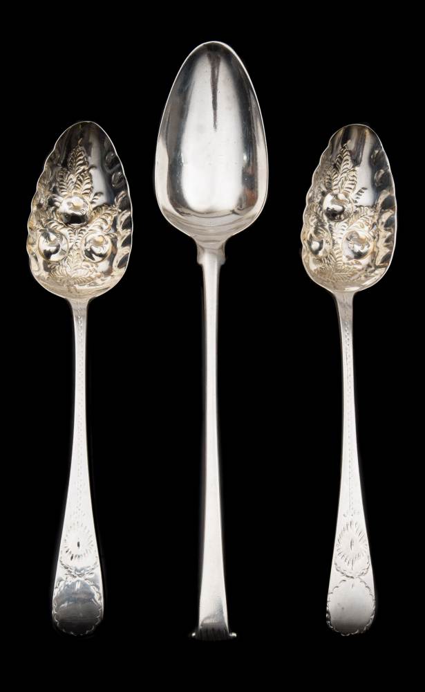 A pair of George III and later decorated berry spoons, maker JH, London,