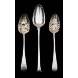 A pair of George III and later decorated berry spoons, maker JH, London,