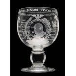 A Royal Brierley Commemorative Winston Churchill glass goblet: the bowl extensively engraved by Tom