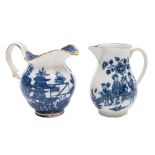 A Caughley blue and white helmet shaped cream jug and a First Period Worcester blue and white