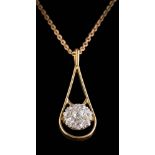 A diamond mounted tear-drop pendant: with a circular cluster of round old brilliant-cut diamonds