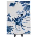 A Chinese blue and white rectangular plaque: painted with two elegant ladies observing two