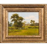 Attributed to Alfred Oliver [1886-1921]- Rural scene with figures and manor house,:- oil on board,