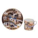 A New Hall bone china coffee can and saucer and two New Hall teabowls and saucers: the first