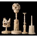 A late 19th century Chinese carved ivory puzzle ball and stand: of traditional design decorated