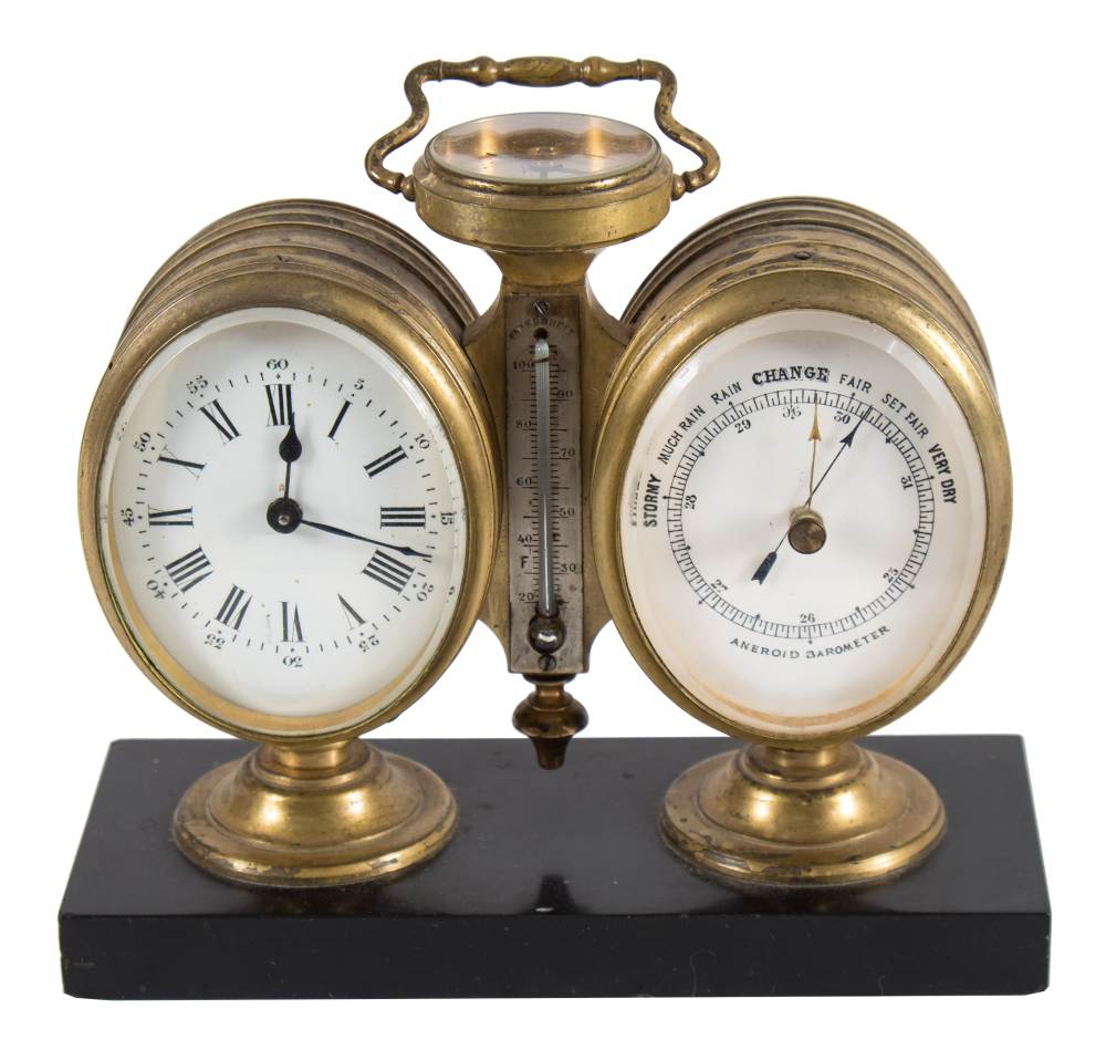 A late 19th century French brass desk top combination set: the eight-day duration timepiece