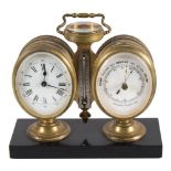 A late 19th century French brass desk top combination set: the eight-day duration timepiece