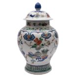A Chinese famille verte baluster vase and cover: painted overall with auspicious objects between