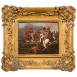 Manner of Jacques Courtois- Cavalry skirmishes,:- a pair, oils on board, each 10 x 13cm.