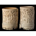 A Cantonese carved ivory brush pot: decorated in the traditional manner of figures in a pagoda