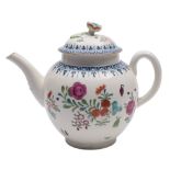 A First Period Worcester teapot and cover: of globular form, the domed cover with flower knop,