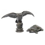 A bronze study of a turtle 'Tortue' and another of an owl after the models by Antoine-Louis Barye