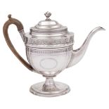 A George III pedestal coffee pot, maker Charles Fox I, London, 1806: of oval barge shaped outline,