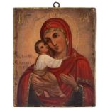 A late 19th century Russian Icon, The Vladamir Mother of God: oil on board, 25.5 x 21cm.