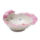 A First Period Worcester shell sweetmeat dish: with shaped and curled pink rim,