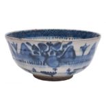 A Safavid blue and white pottery bowl: painted in underglaze cobalt blue with stylised buildings