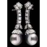 A pair of dark grey cultured pearl and diamond drop earrings,