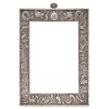 A Chinese silver photo frame, maker KMS: of rectangular outline, decorated with fish, figures,