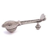 An Indian white metal pen stand in the form of a sitar: with hinged soundboard and finger board,