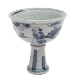 A Chinese porcelain stem cup: painted in the Ming manner on the exterior with two figures in a