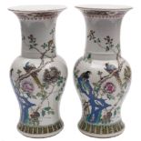 A pair of Chinese famille rose yen yen vases: painted with long-tailed birds amongst flowering