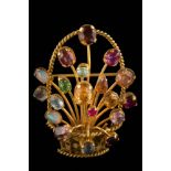 A 9ct gold and multi-gem-set 'basket' brooch: to include moonstones, opals and citrines,