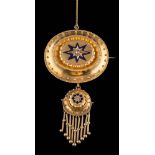 A 19th century gold and diamond oval brooch: with central blue enamelled eight-point star centring
