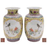 A pair of Chinese famille rose vases: each painted with two lotus panels of birds perched on