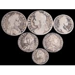 A group of coins comprising:, 1787 shilling, 1757 sixpence, 1745 shilling Lima,