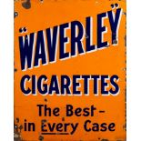 An enamel advertising sign for 'Waverley Cigarettes':, blue and white text on an orange ground,