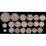 A group of twenty English silver coins:, including an 1844 crown, 1817 half-crown,