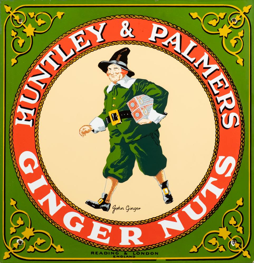 A late 20th century re-issue Huntley & Palmer Ginger Nuts enamel sign, circa 1970s, 44 x 43cm.