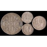 An 1887 Double Florin, a shilling and two sixpence:,