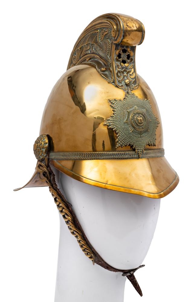 An Edwardian brass Merryweather pattern Fireman's helmet:,