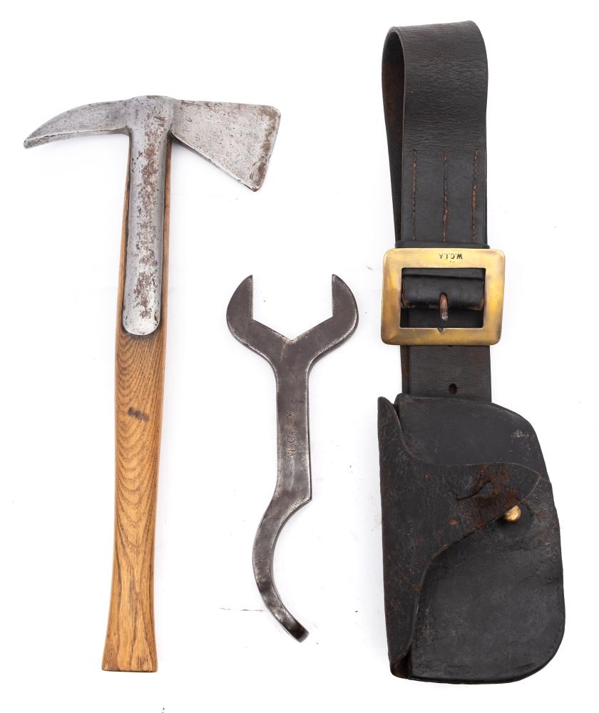 A Merryweather hose spanner in black leather belt, together with a hand axe by Shane Mason & Co:.