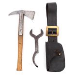 A Merryweather hose spanner in black leather belt, together with a hand axe by Shane Mason & Co:.