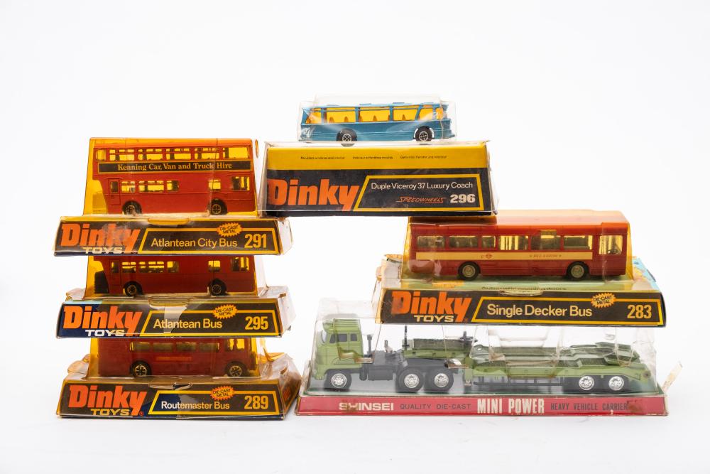 A group of five Dinky Buses:, comprising No 289 Routemaster Bus, No 291 Atlantean City Bus,