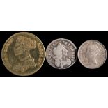 Coins. An 1842 higher grade groat, Charles II 1676 3d and a Queen Caroline token:.
