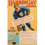 An early 20th century Harringay Arena Ice Hockey Poster:, printed by John Waddington Ltd, London,