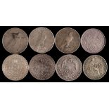 A sheet of eight crown sized silver coins:, comprising three straits settlement dollars, 1904/11/30,