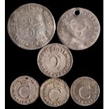 A group of six Charles II Maundy coins:, comprising 1x 4d, 1x 3d (holed),